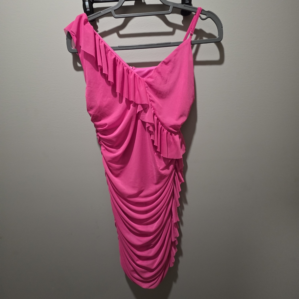 Hot Pink Ruffled One-Shoulder Dress